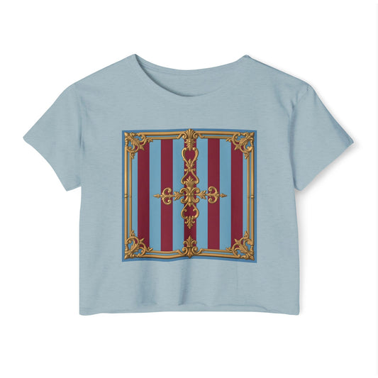 Women's Baroque Festival Crop Top, Summer Crop Tee, Casual Festival Wear, Concert Top, Eco-Friendly Fashion - Sky Blue & Maroon Striped Baroque