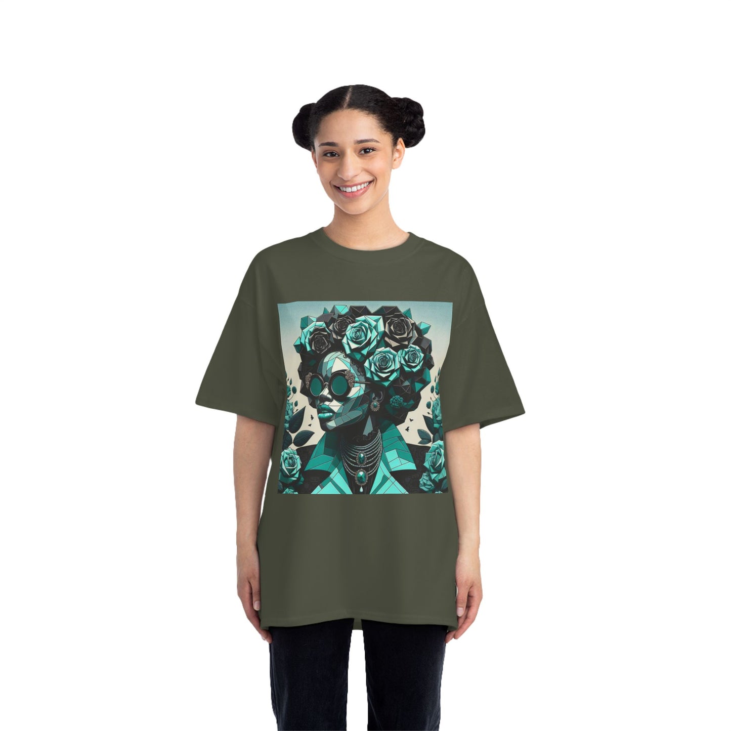 Trendy Floral Graphic Tee | Artistic Short-Sleeve Shirt, Fashionable Summer Top, Chic Gift for Her - Turquoise & Black Roses Lady