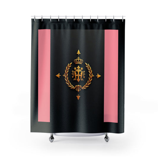Elegant Crown Shower Curtain with Royal Motif, Chic Bathroom Decor, Luxury Home Accessories, Wedding Gift, Housewarming - Pink Striped Gold Crest