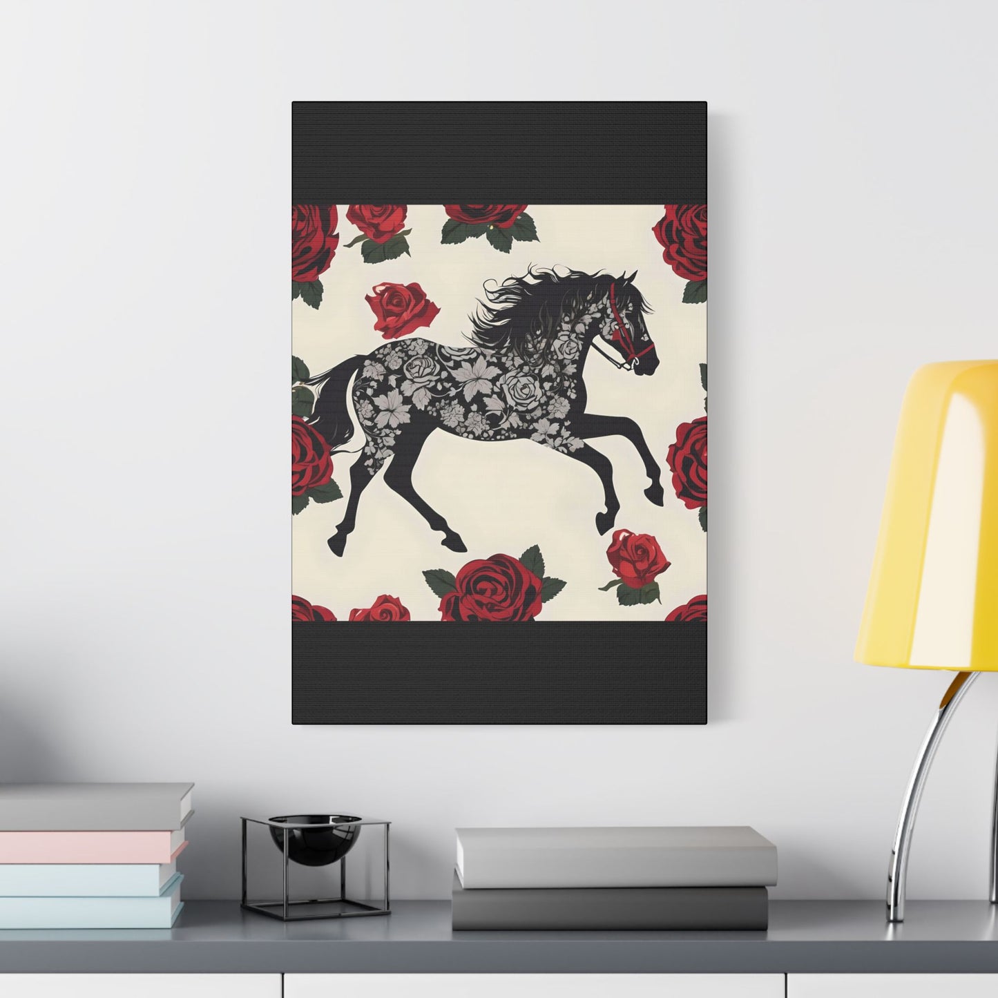 Art Print Canvas, Wall Decor, Satin Stretched Canvas, Equestrian Art, Office Decor, Home Decor - Horse & Roses