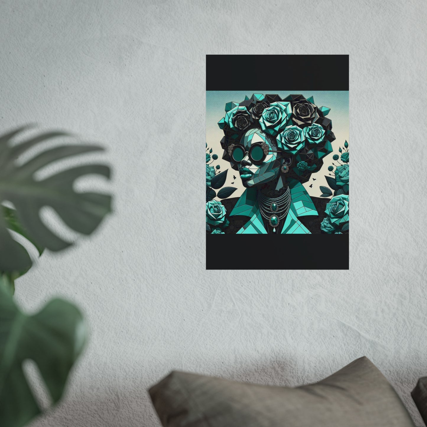 Chic Floral Fine Art Poster | Modern Wall Decor, Home Aesthetic, Gift for Art Lovers, Unique Room Makeover - Turquoise & Black Roses Lady