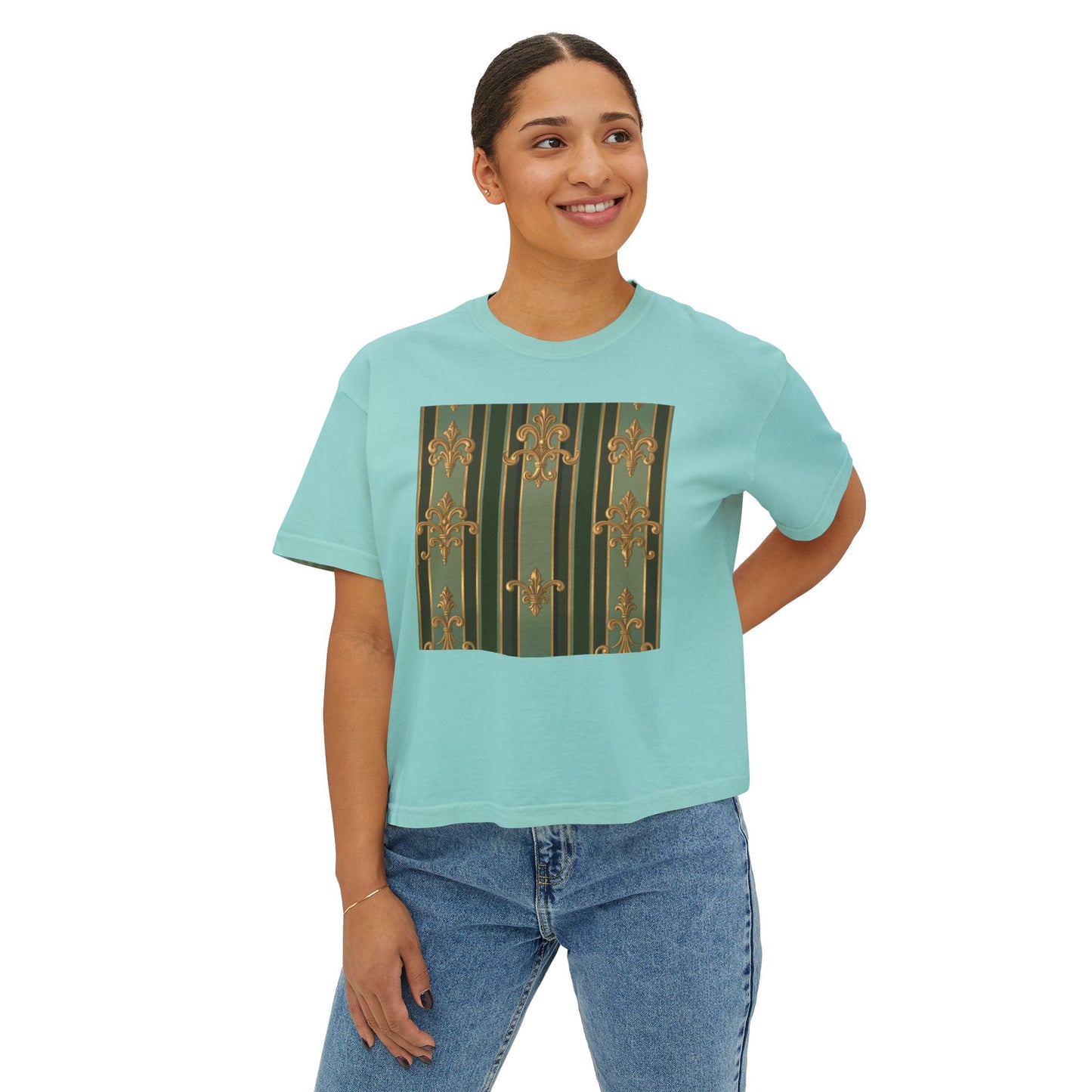 Vintage-Inspired Women's Boxy Tee | Relaxed Fit Shirt for Casual Outings, Everyday Wear, Birthday Gift - Green Striped Gold Baroque