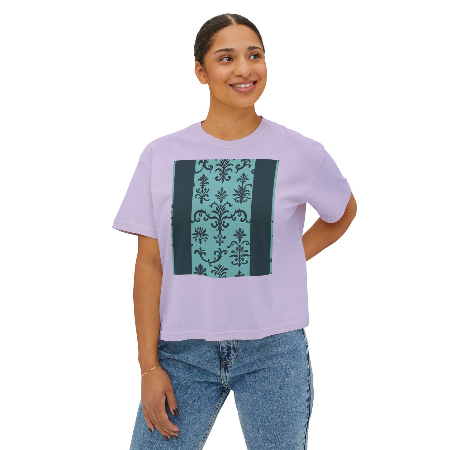 Women's Boxy Tee with Vintage Floral Design, Casual Top, Everyday Wear, Gifts for Her, Summer Fashion, Vintage Style T-Shirt - Teal Striped Rococo