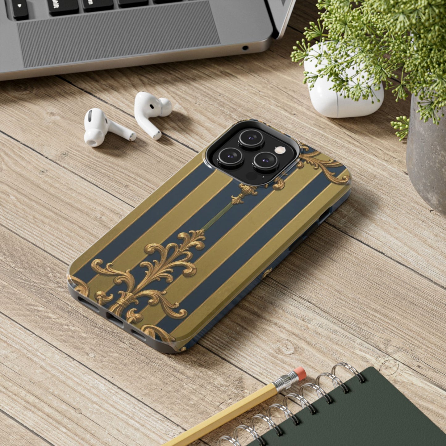 Elegant Midnight Blue & Olive Striped Gold Baroque Tough Phone Case, Phone Cover, Durable Case for Protection, Stylish Gift for Him/Her