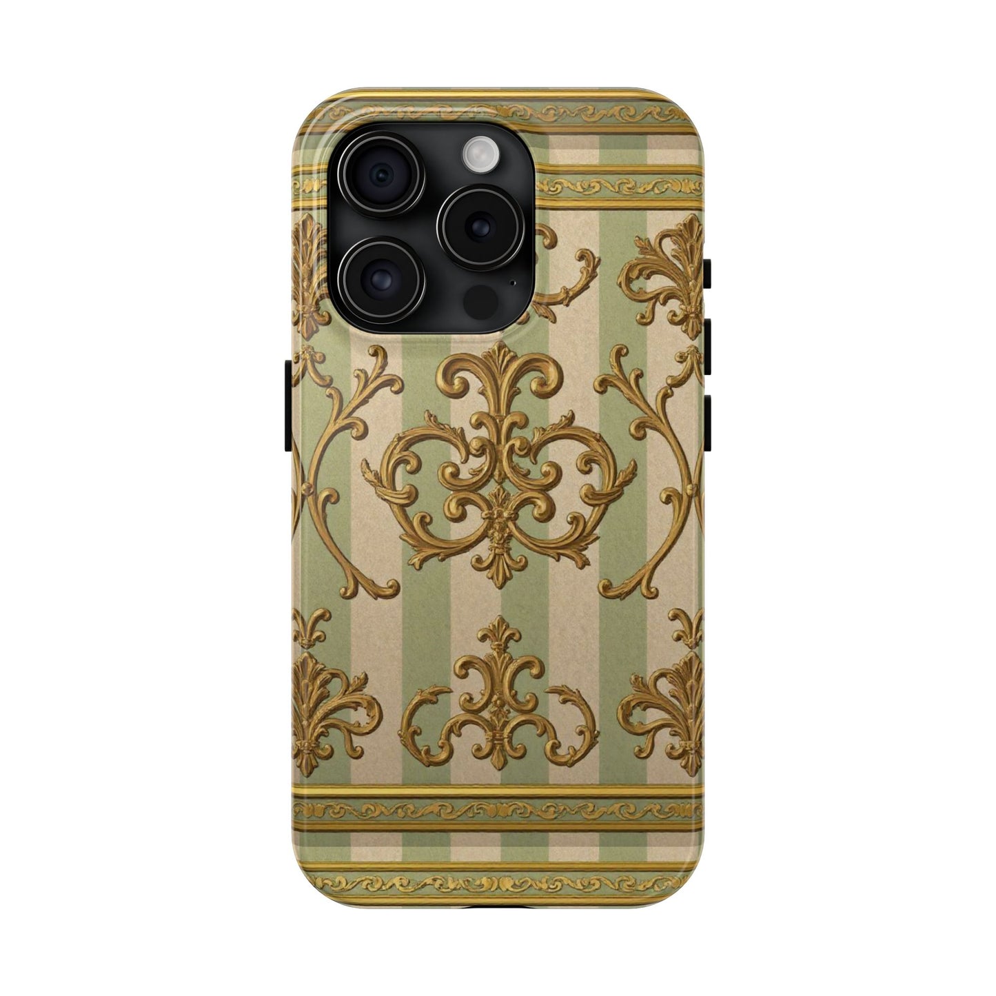 Vintage Elegance Phone Case, Tough Phone Cases for Style, Gift for Birthdays, Stylish Protection - Mint Green & Beige Striped Gold Baroque