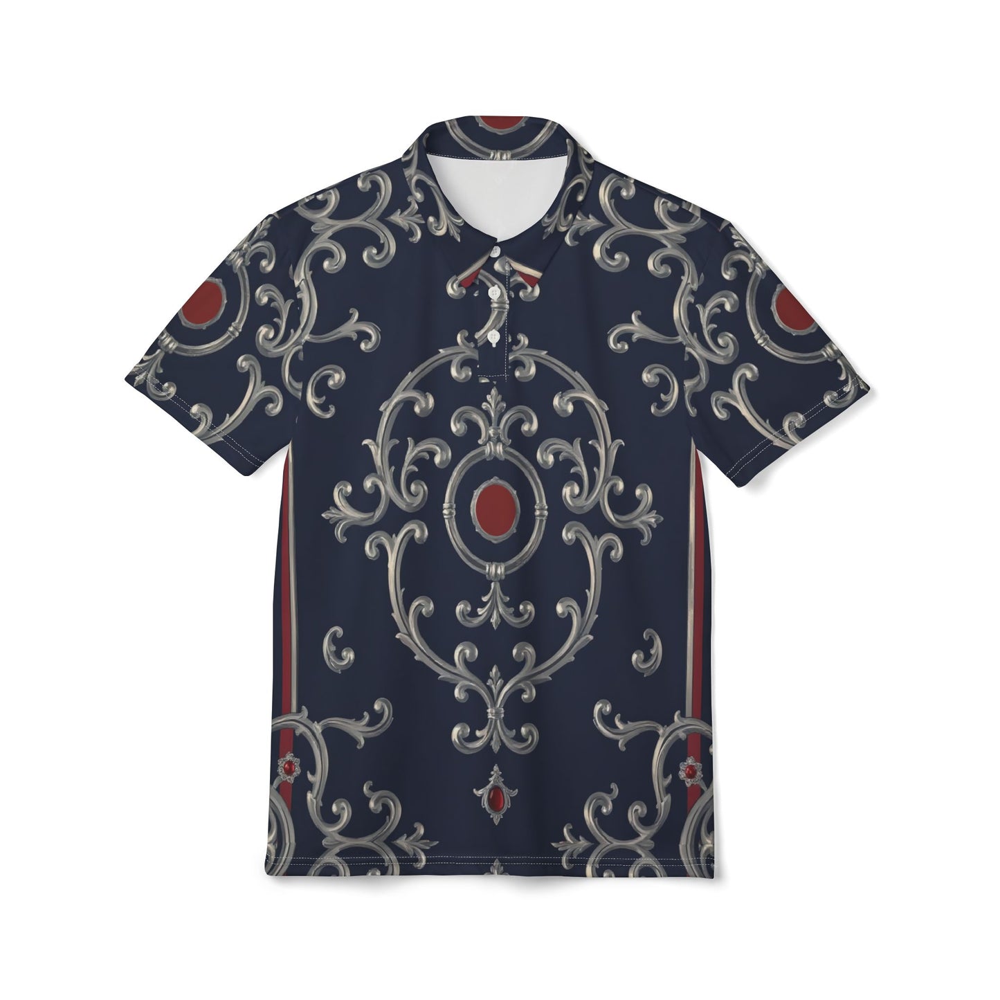 Elegant Unisex Polo Shirt – Stylish Casual Wear, Summer Fashion, Gifts for Him, Unique Gifts - Blue & Red Striped Silver Baroque