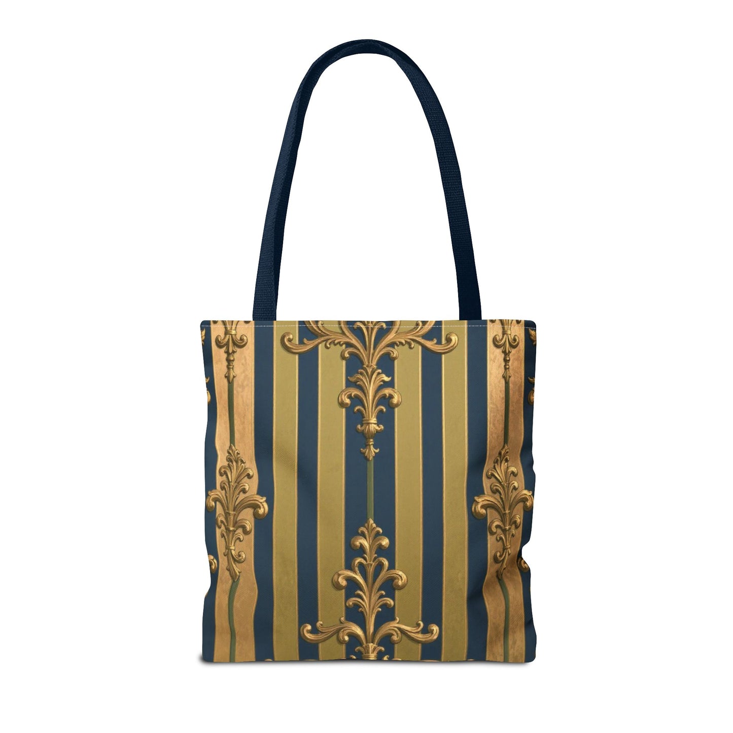 Elegant Midnight Blue & Olive Striped Gold Baroque Golden Striped Tote Bag, Stylish Shopping Bag, Trendy Handbag, Chic Gift for Her