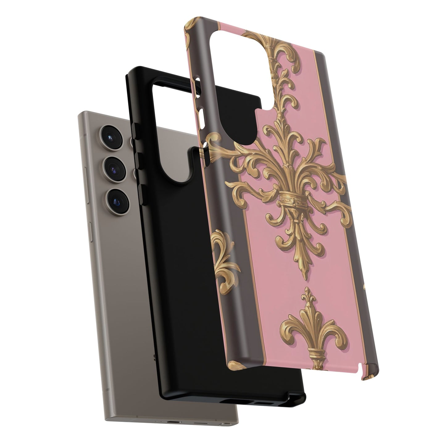 Elegant Floral Motif Phone Case - Tough Cases with Vintage Design - Pink & Brown Striped Gold Damask