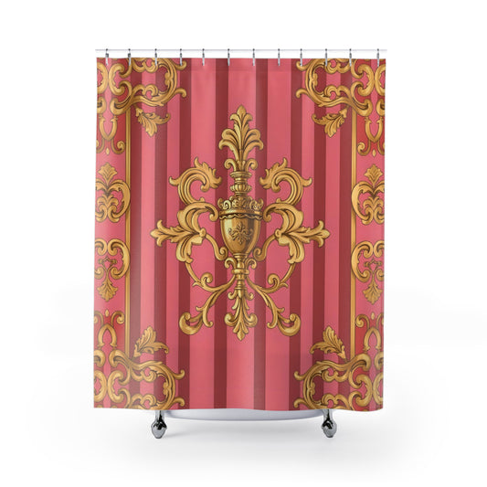 Elegant Vintage Floral Shower Curtain, Bathroom Decor, Bohemian Home, Gift for Her, Luxurious Design - Pink Striped Gold Baroque