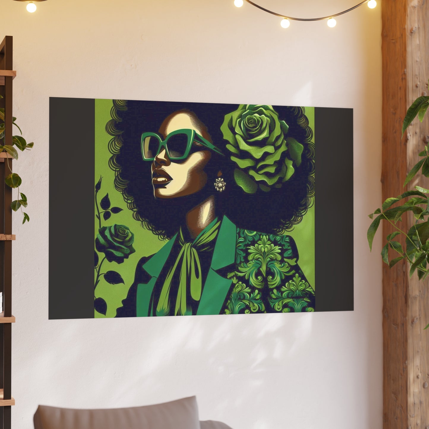 Chic Afrocentric Art Poster, Vibrant Wall Décor, Stylish Home Decoration, Damask Chic Art Print - Lady In Green Damask