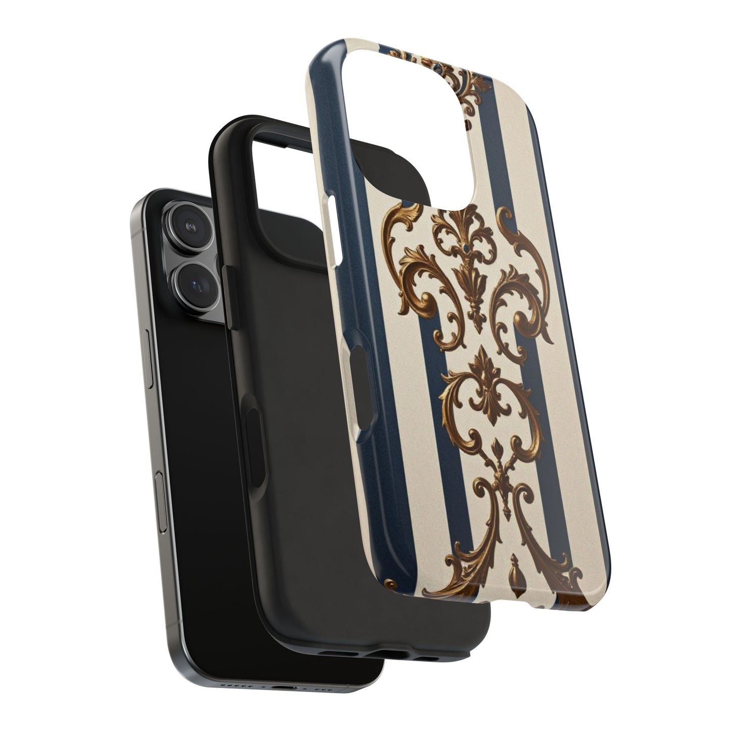 Damask Tough Phone Case - Alabaster & Blue Striped Damask