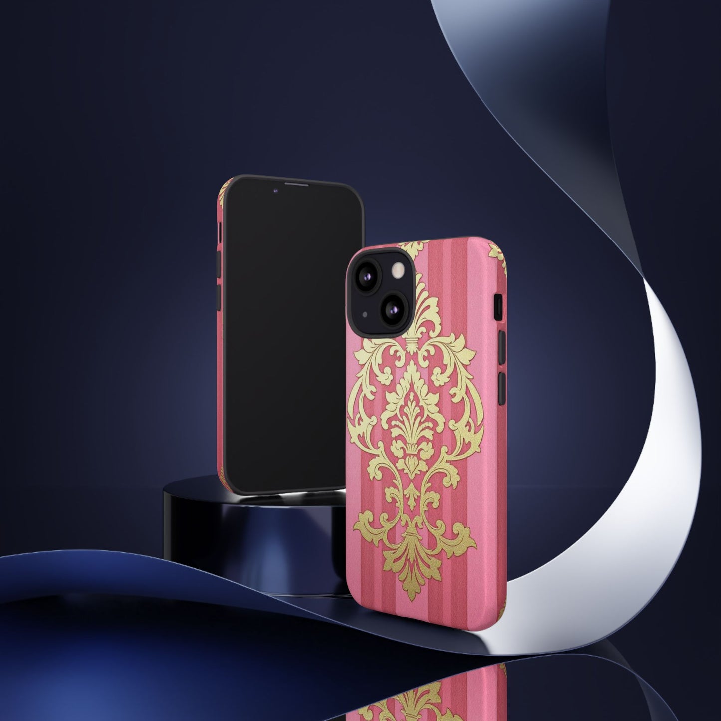 Elegant Floral Motif Phone Case - Tough Cases with Vintage Design - Pink Striped Damask