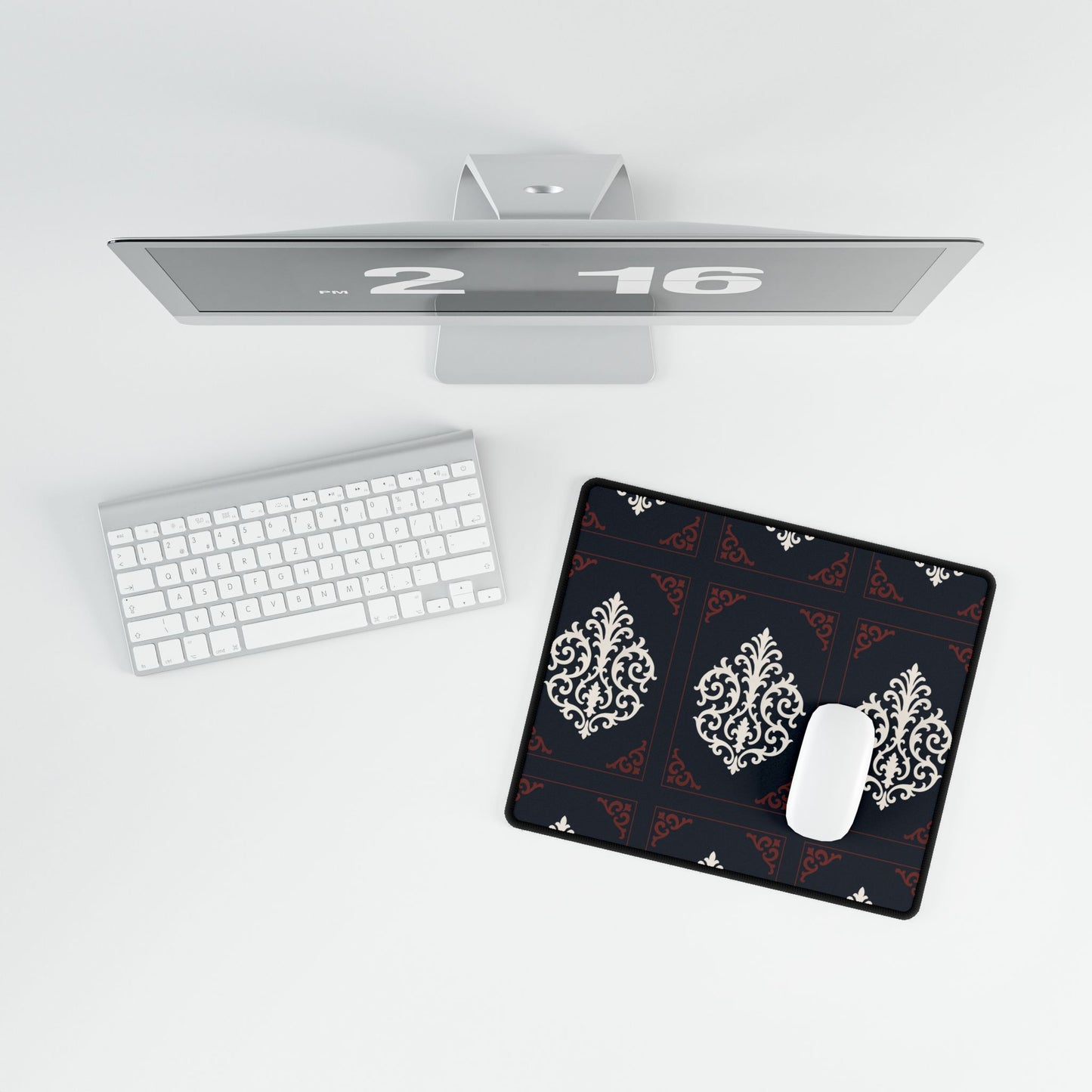 Dusk Blue-Maroon & White Baroque Desk Mat — Elegant Dusk Blue & White Mouse Pad