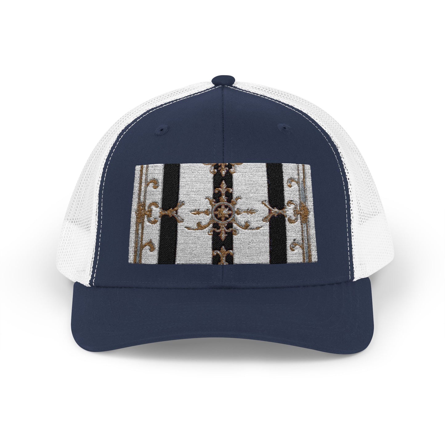 Trendy Snapback Trucker Cap, Casual Fashion Hat, Summer Accessory, Gift Idea for Cool Teens, Outdoor Activities - Black & White Striped Gold Baroque