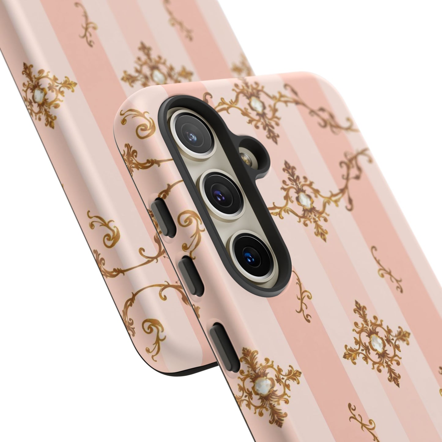 Elegant Floral Phone Case, Tough Cases for Women, Trendy Phone Cover, Chic Gift - Pink Jeweled Striped Gold Baroque