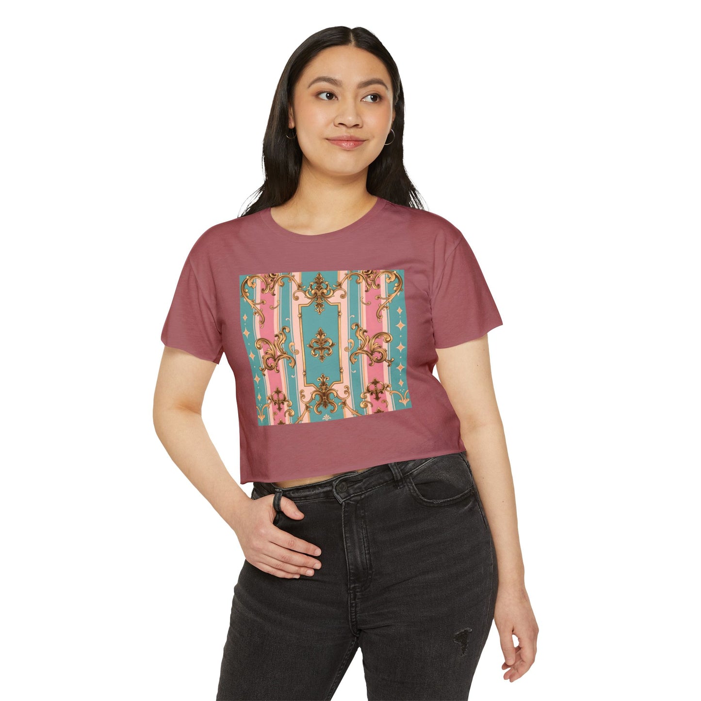 Rococo Festival Crop Top, Summer Crop Tee, Music Festival Clothing, Trendy Women's Fashion - Pink & Matte Turquoise Striped Rococo