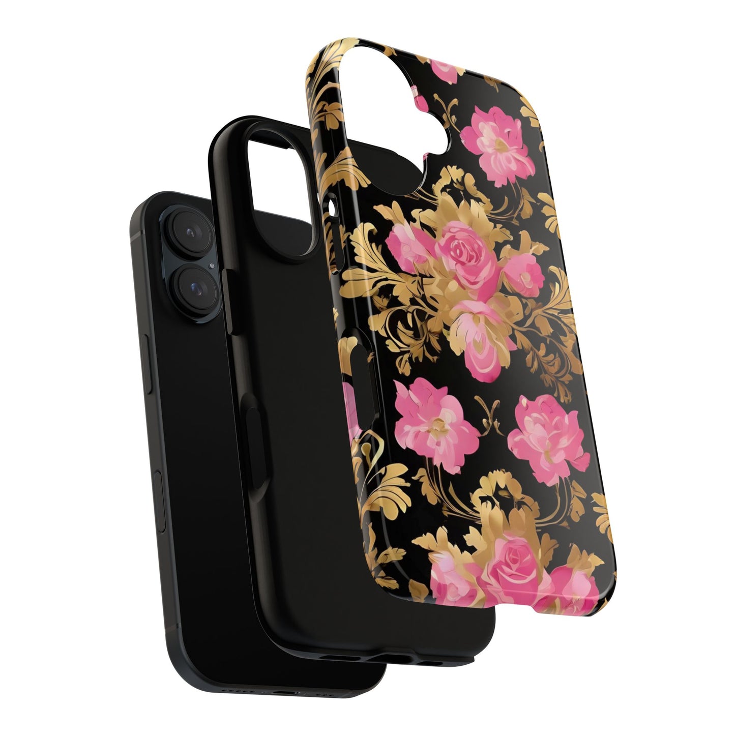 Elegant Floral Motif Phone Case - Tough Cases with Vintage Design - Pink & Gold Roses