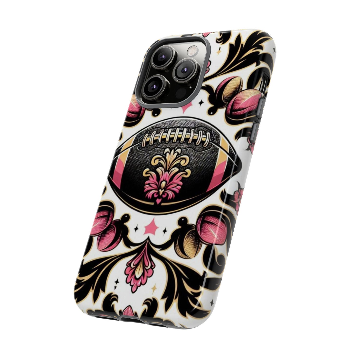 Elegant Floral Motif Phone Case - Tough Cases with Vintage Design - Damask White, Pink Gold & Black Football