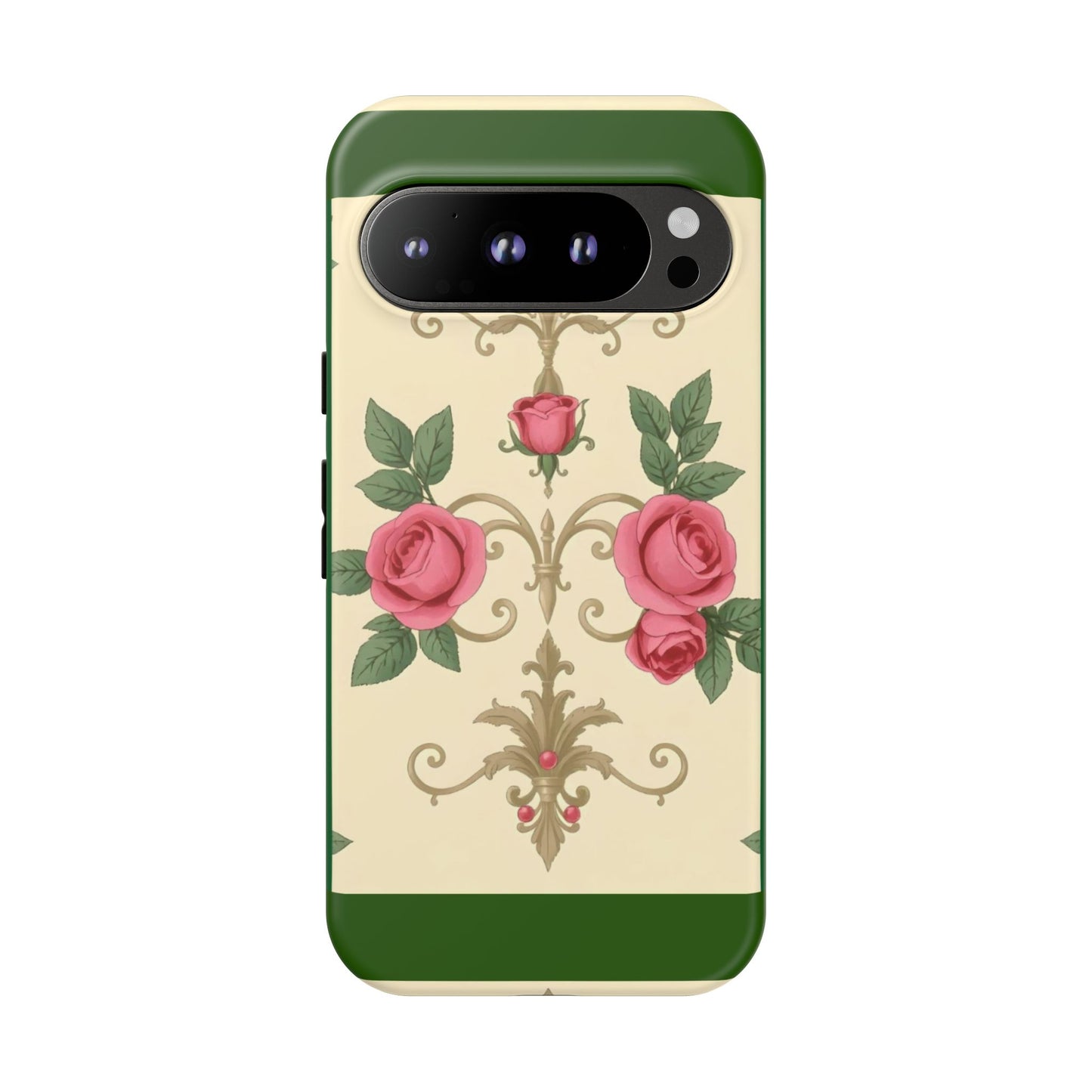 Elegant Floral Motif Phone Case - Tough Cases with Vintage Design - Green Border Roses & Damask