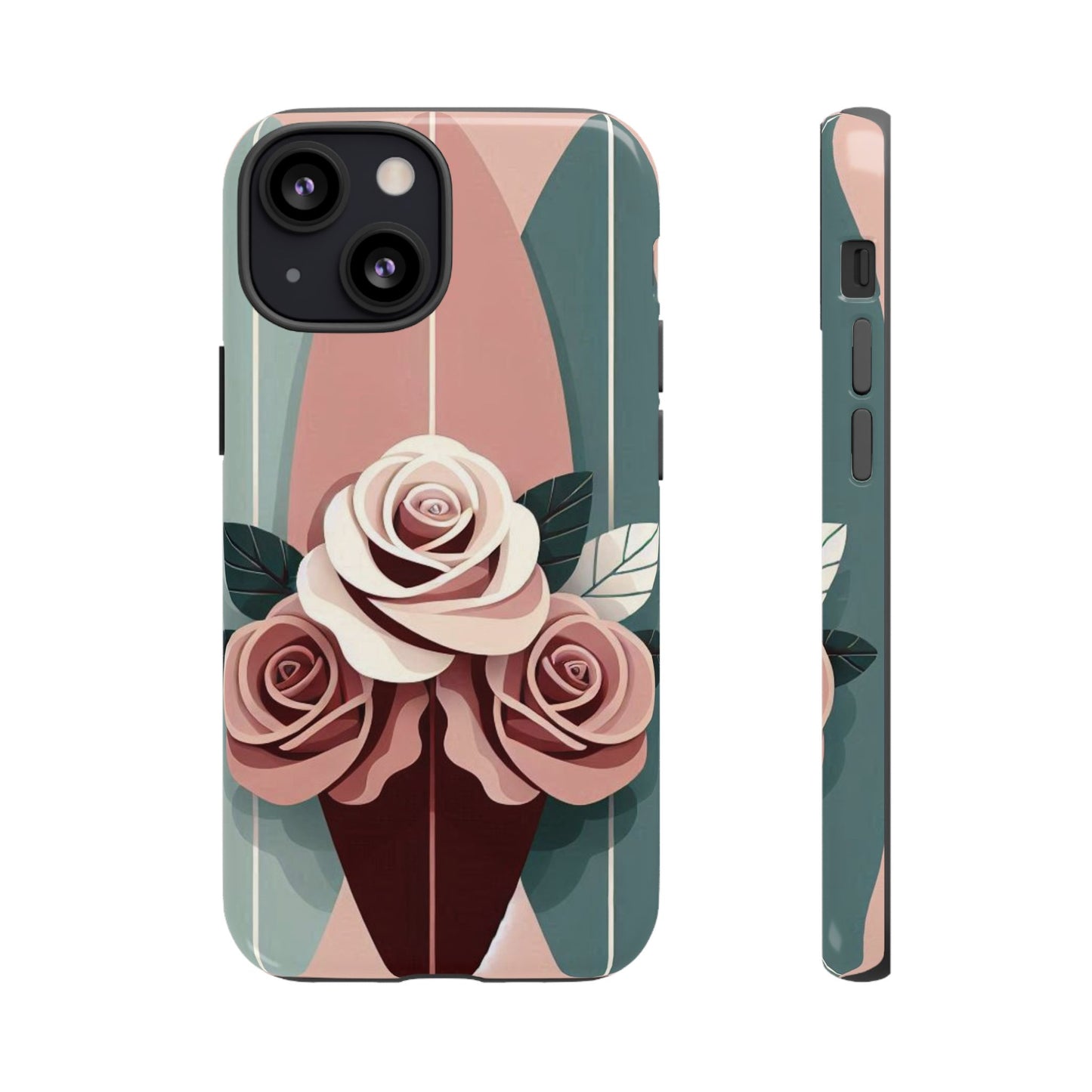 Phone Case - Burgundy, Matte Mauve & Teal Surfboard & Roses Design