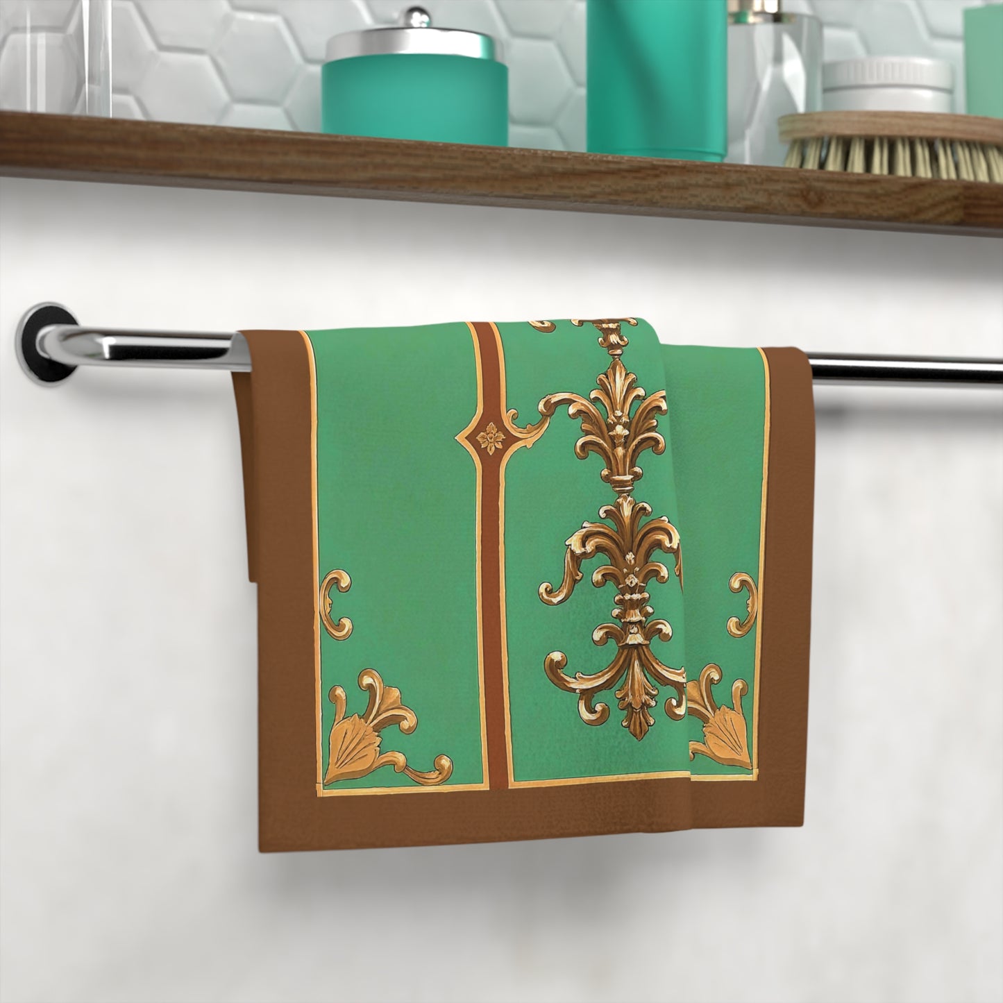 Elegant Vintage Floral Face Towel - Luxurious Bathroom Accessories - Rust & Green Striped Baroque