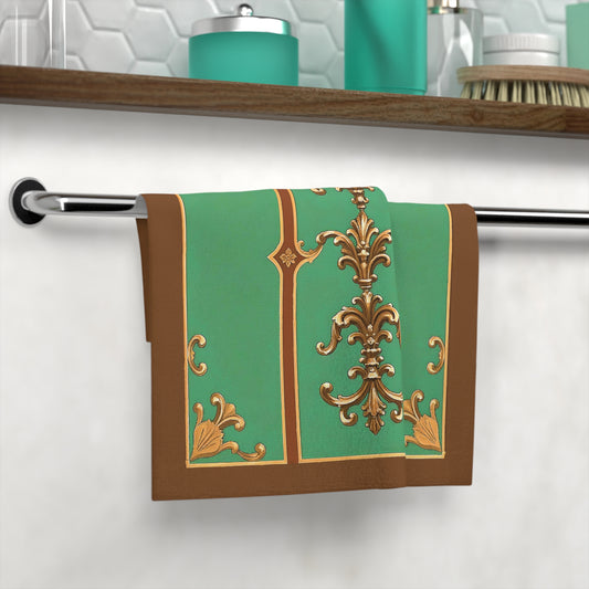 Elegant Vintage Floral Face Towel - Luxurious Bathroom Accessories - Rust & Green Striped Baroque