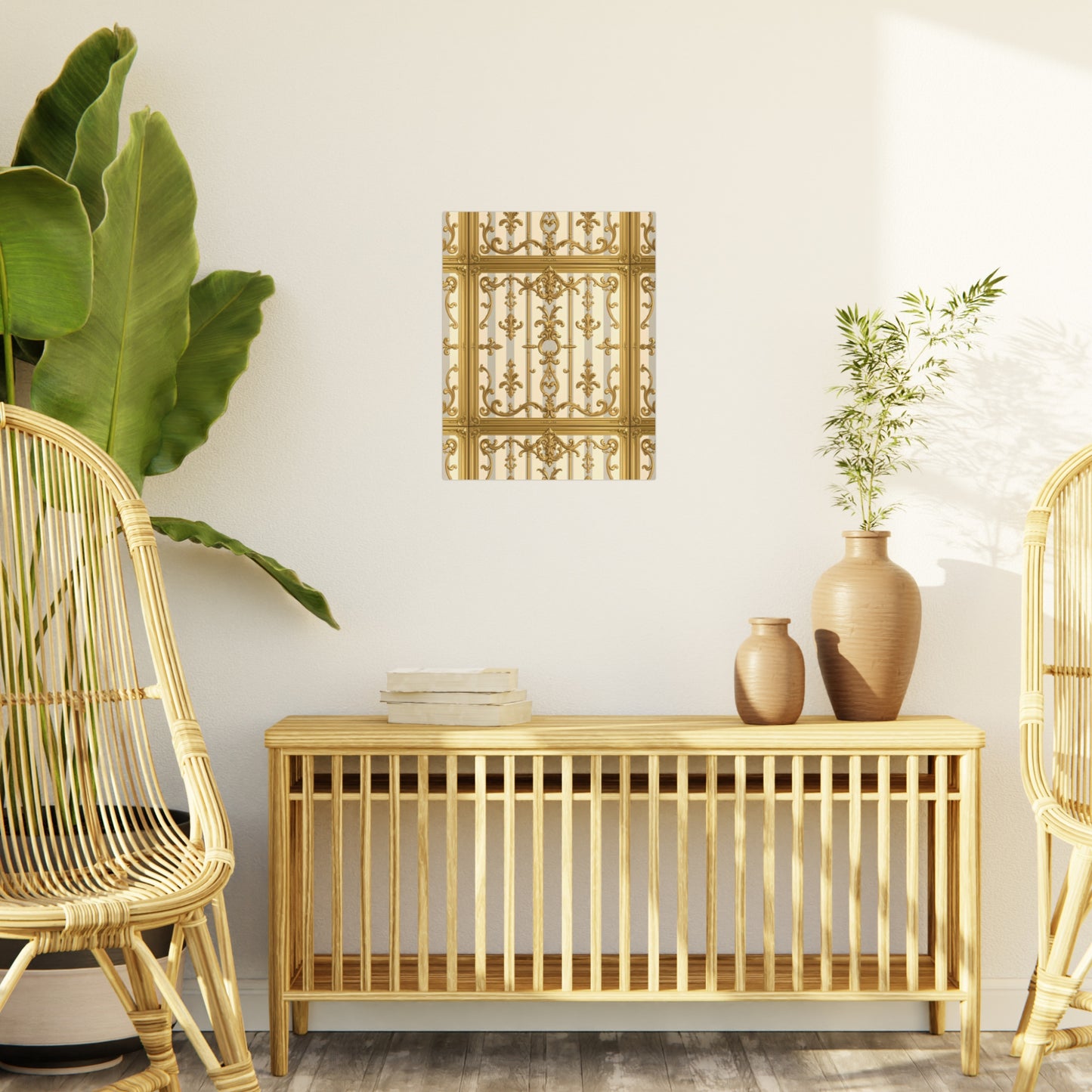 Elegant Ornate Foam Board Art - Luxury Wall Décor, Home Decoration, Versatile Display Board - Matte Gray & Cream Striped Gold Baroque