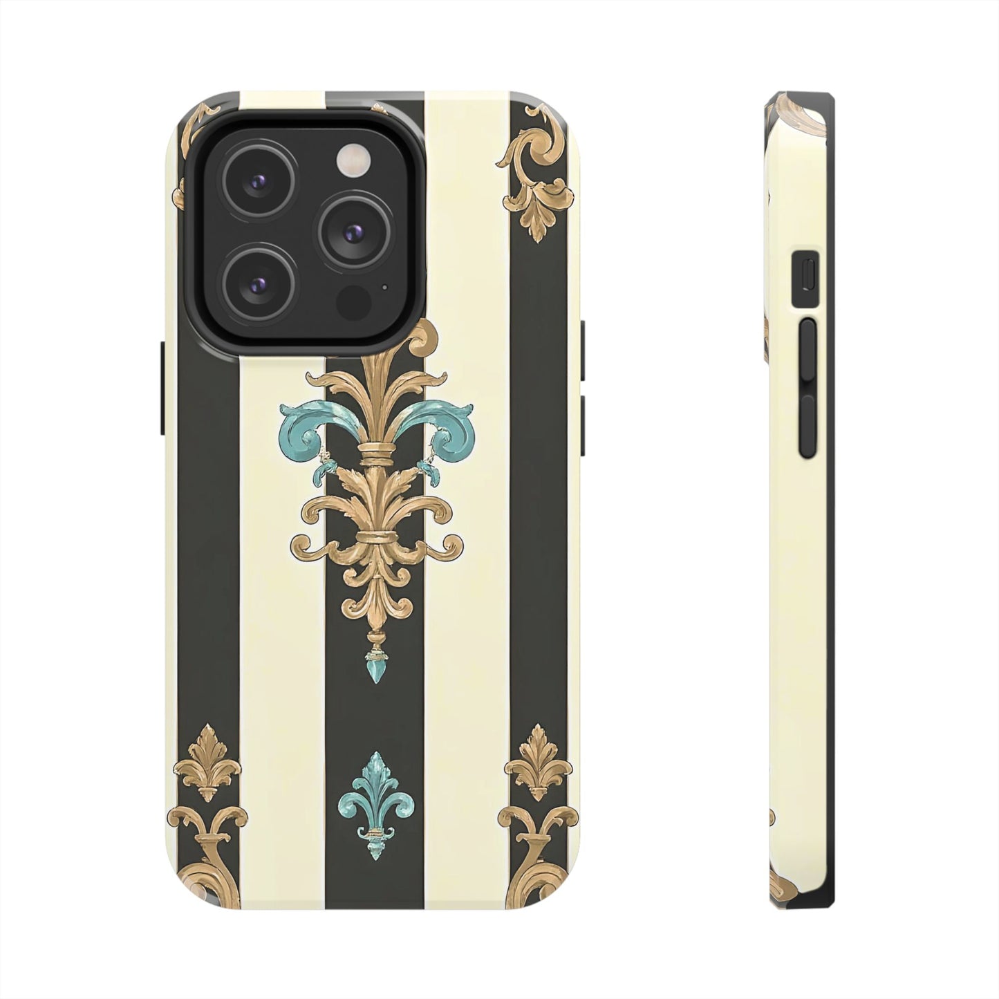 Elegant Vintage Tough Phone Cases, Stylish Phone Accessories, Quality Protection, Gifts for Her - Black Striped Turquoise & Black Rococo