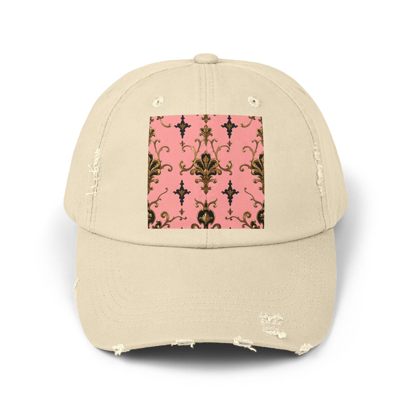 Chic Distressed Cap, Fashionable Baseball Hat, Casual Summer Headwear - Pink, Black & Gold Rococo