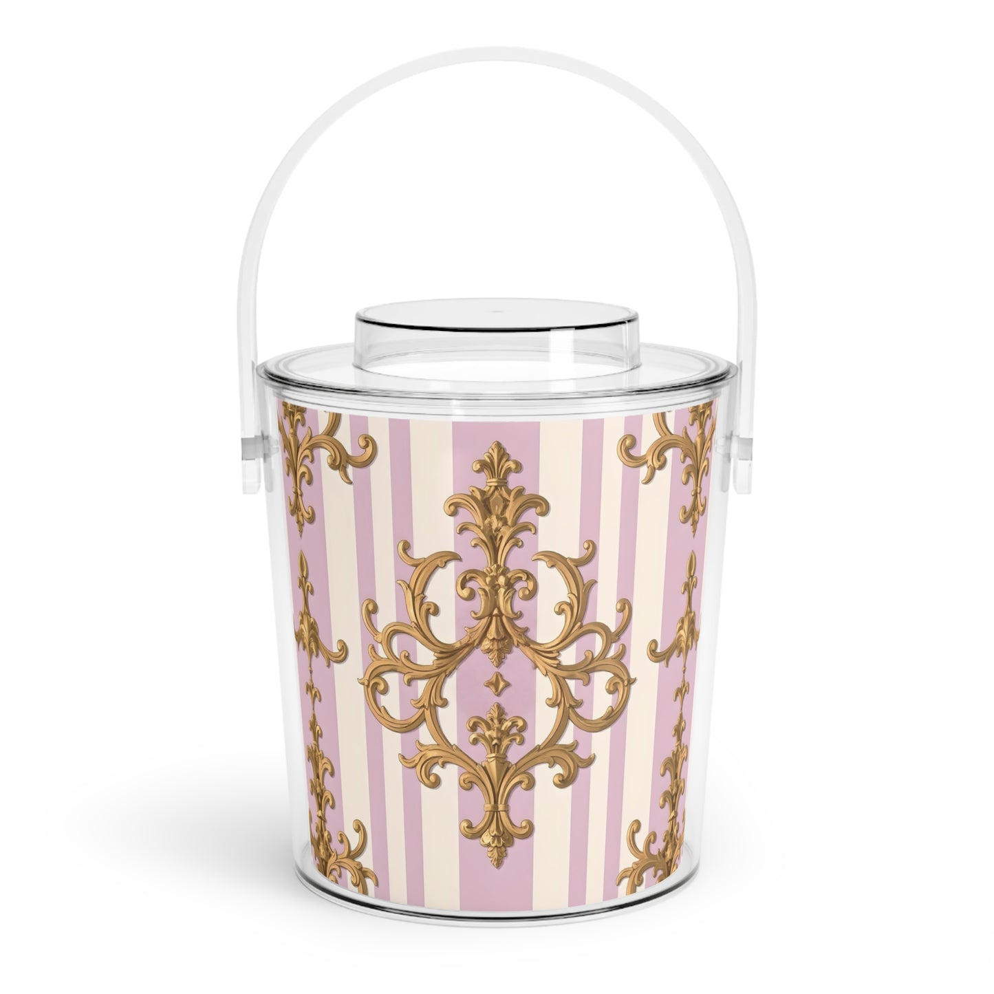 Elegant Pink Striped Ice Bucket with Tongs, Decorative Beverage Chiller, Party Essentials, Wedding Decor - Lilac & Alabaster Striped Gold Baroque