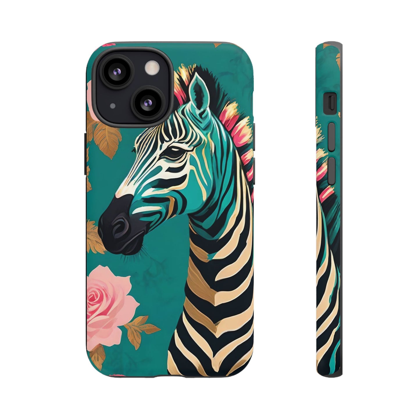 Phone Case - Elegant Teal & Gold Zebra & Roses Design