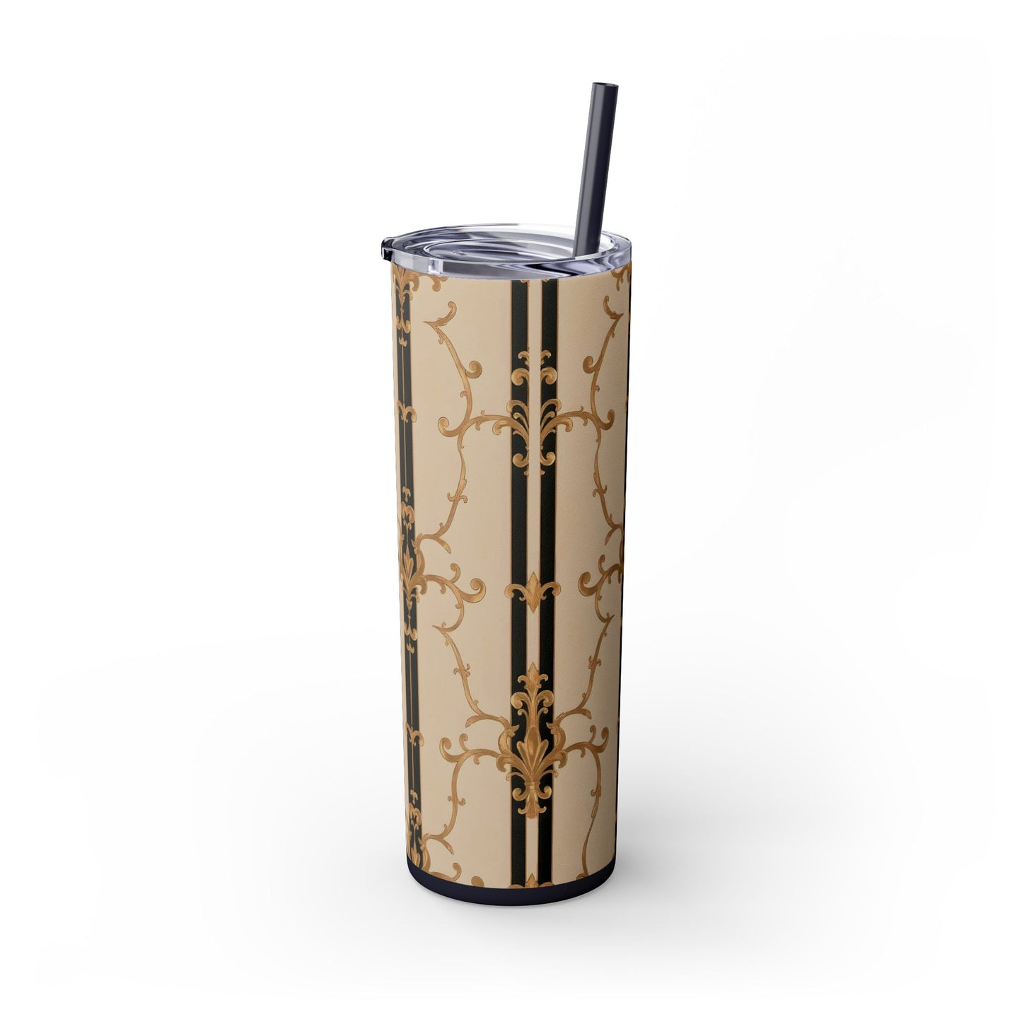 Elegant Gold Patterned Skinny Tumbler with Straw, 20oz | Stylish Travel Mug, Gift for Her, Fancy Drinkware - Black & Beige Striped Damask