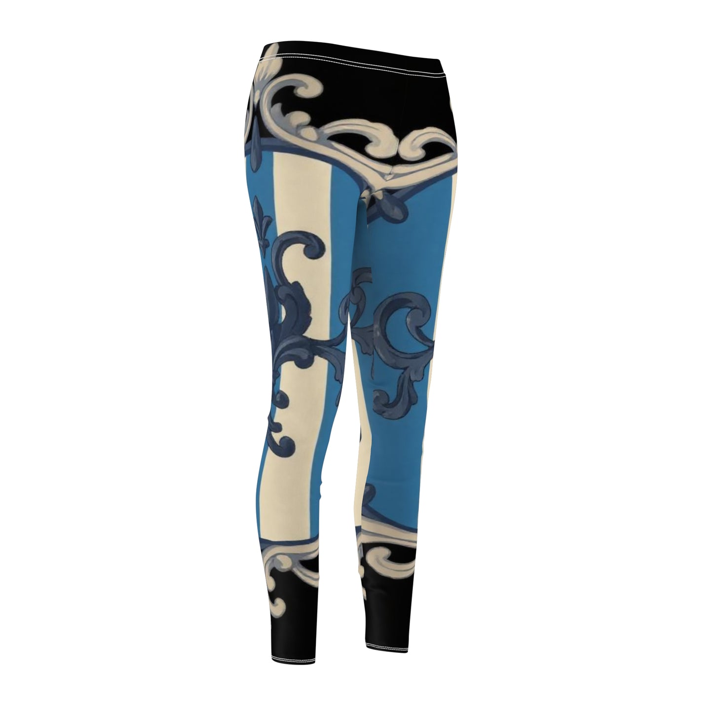 Stylish Blue & Alabaster Striped Baroque Women's AOP Leggings, Unique Patterned Activewear, Casual Everyday Wear, Perfect for Yoga