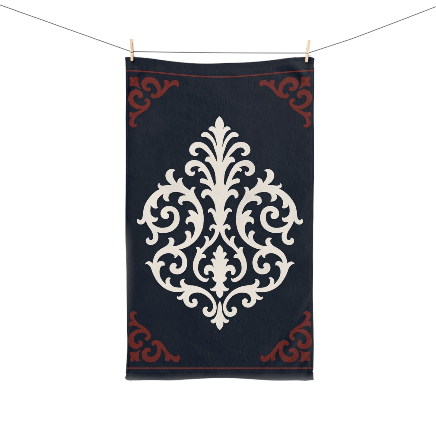 Dusk Blue-Maroon & White Baroque Hand Towel – Dusk Blue & White Ornate Baroque Design