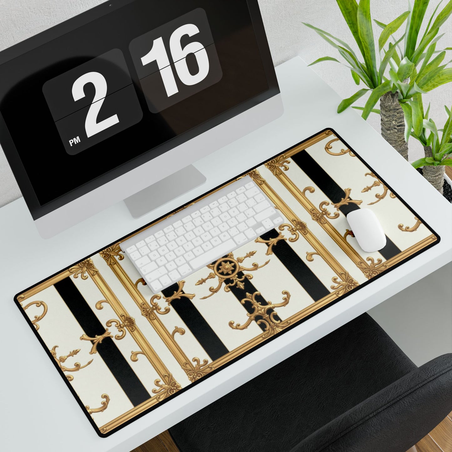 Elegant Desk Mats for Home Office, Stylish Desk Accessories, Chic Workstation Decor, Perfect Gift for Boss's Day - Black & White Striped Gold Baroque