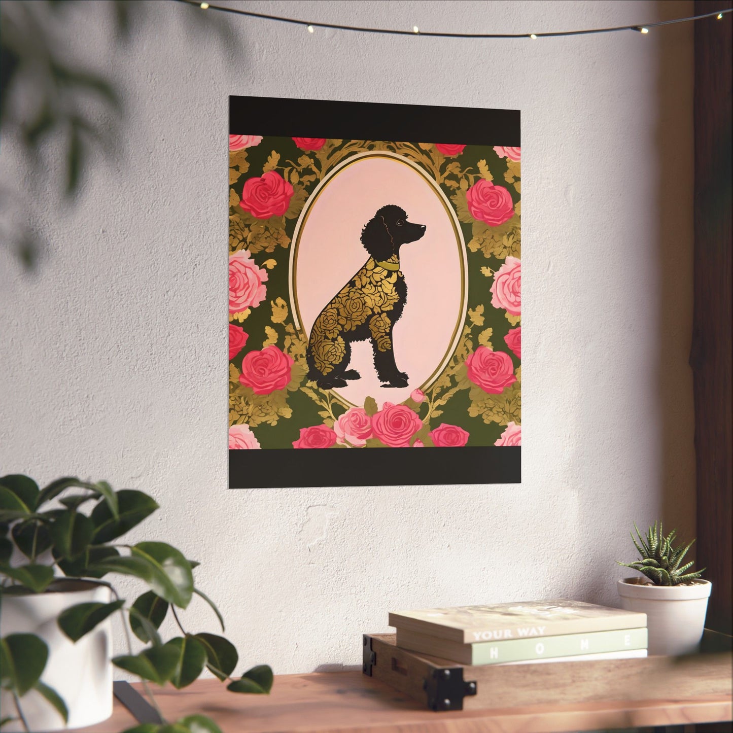 Vertical Poster - Elegant Matte Floral Art Wall Decor - Damask Black & Gold Poodle in Olive & Pink Roses