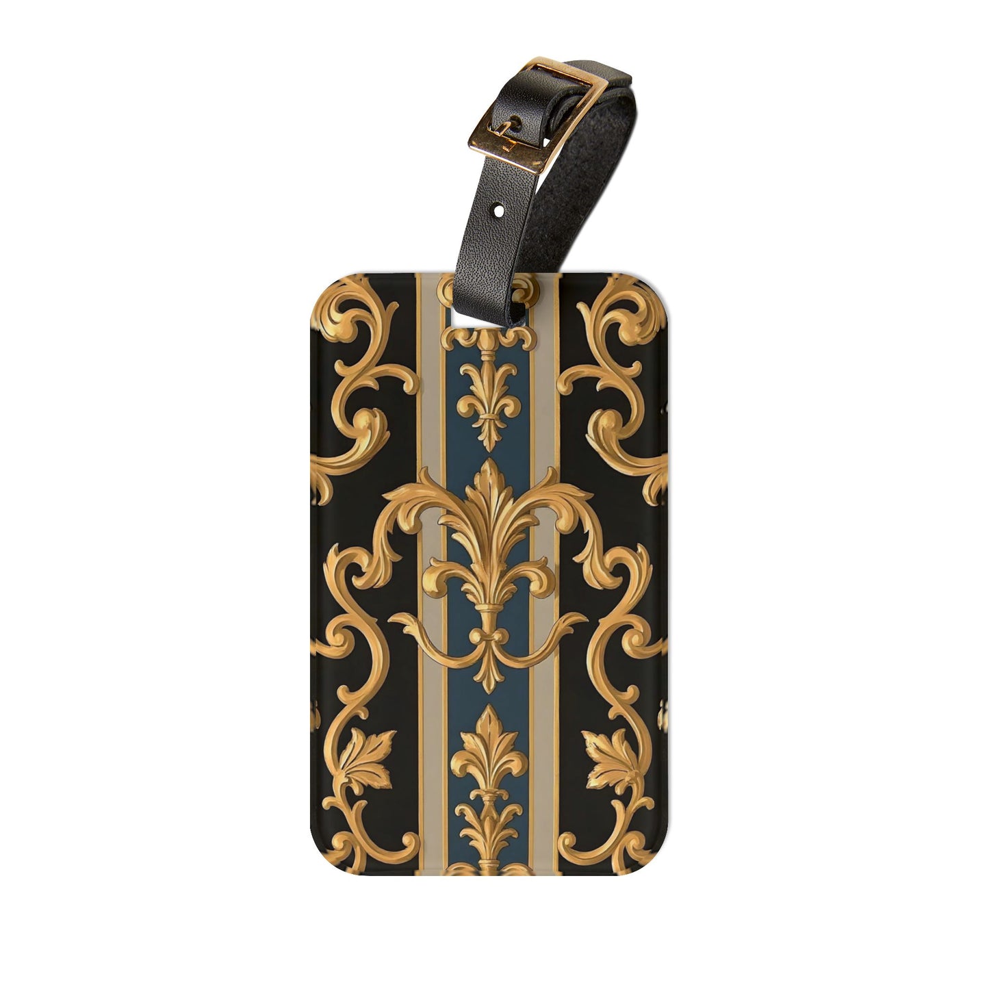Elegant Vintage Luggage Tag | Travel Accessories, Personalized Baggage Tag, Stylish ID Holder, Gift for Travelers - Blue & Black Striped Rococo