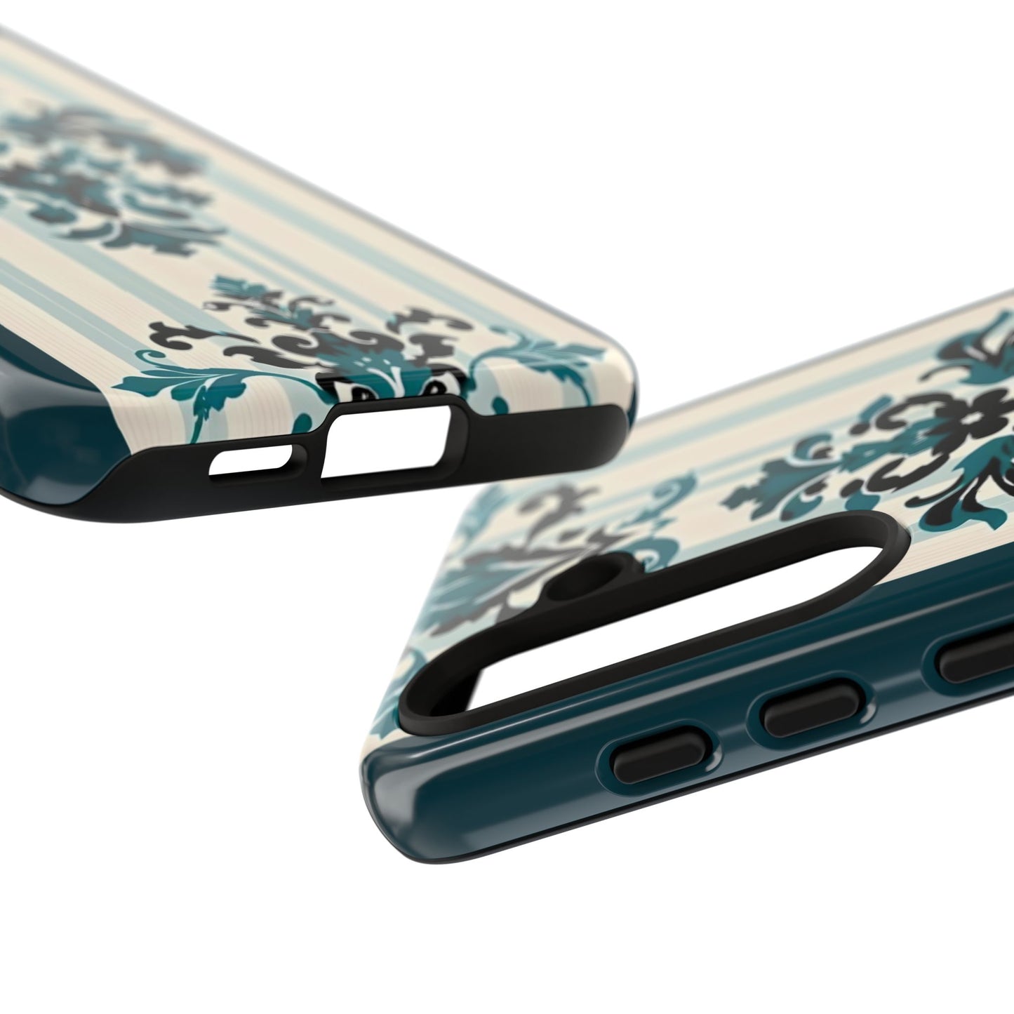 Elegant Floral Phone Case - Tough Cases with Vintage Design - Teal Striped Damask