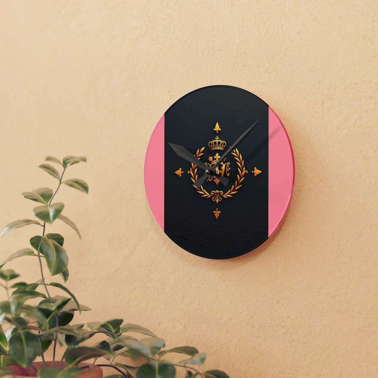 Royal Emblem Acrylic Wall Clock | Elegant Home Decor, Modern Wall Art, Gift for Her, Office Decor, Unique Timepiece - Pink Striped Gold Crest