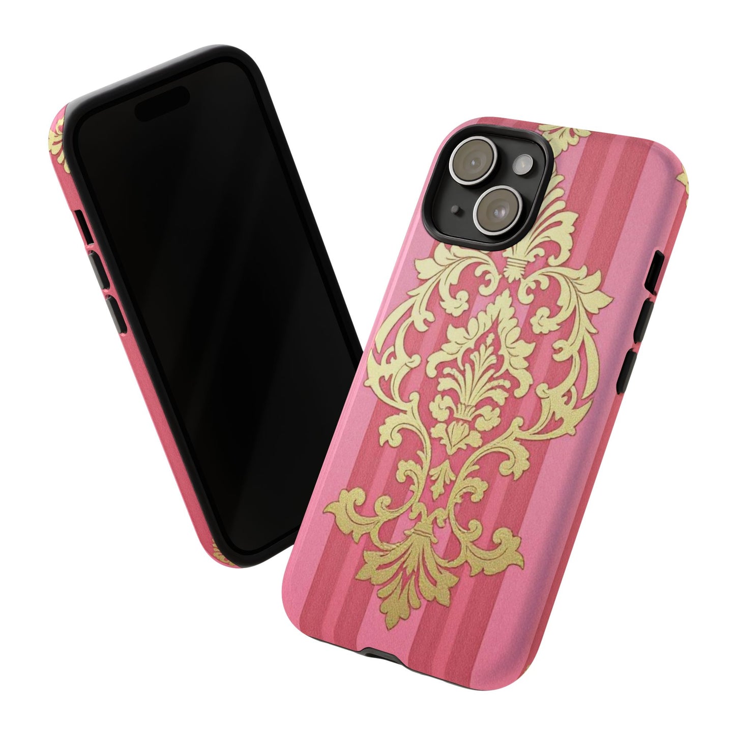 Elegant Floral Motif Phone Case - Tough Cases with Vintage Design - Pink Striped Damask