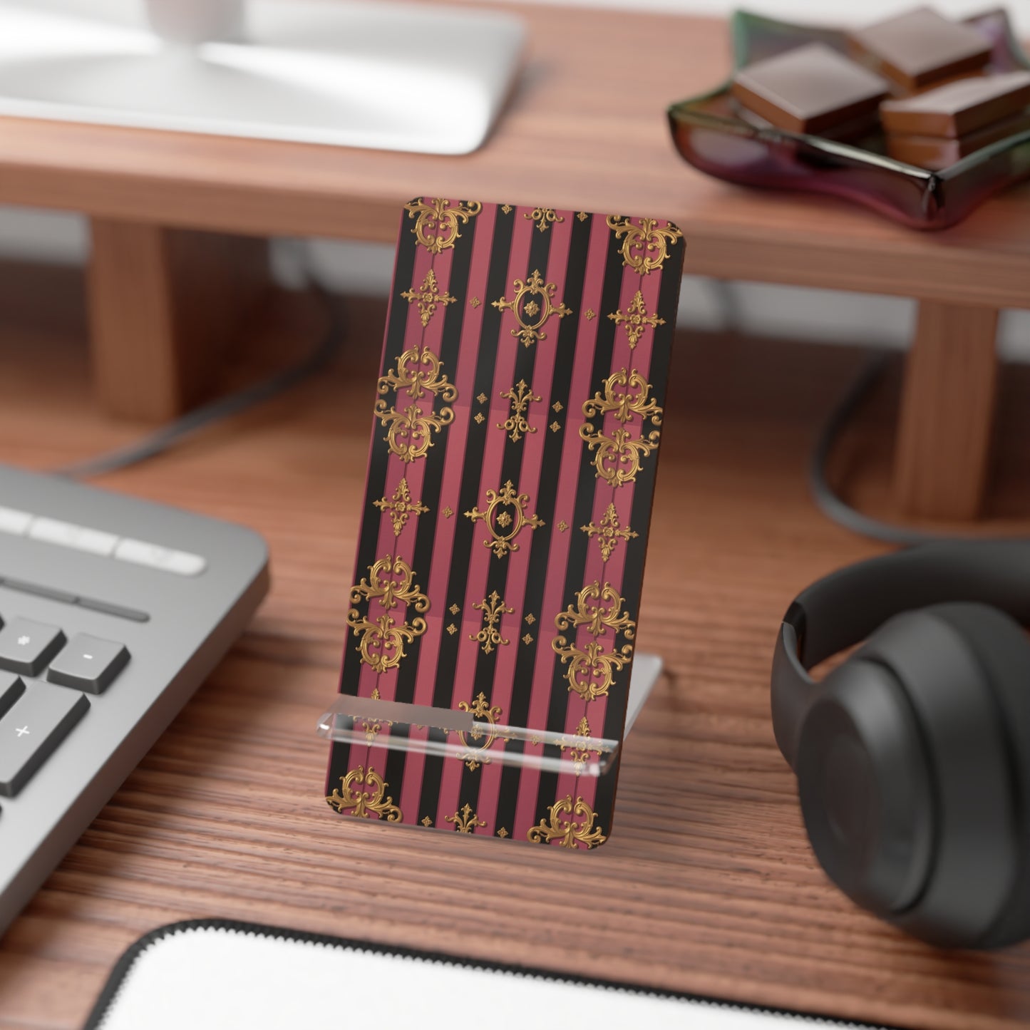 Elegant Black & Mauve Striped Gold Baroque Smartphone Display Stand, Decorative Mobile Holder, Stylish Desk Accessory, Home Office Decor
