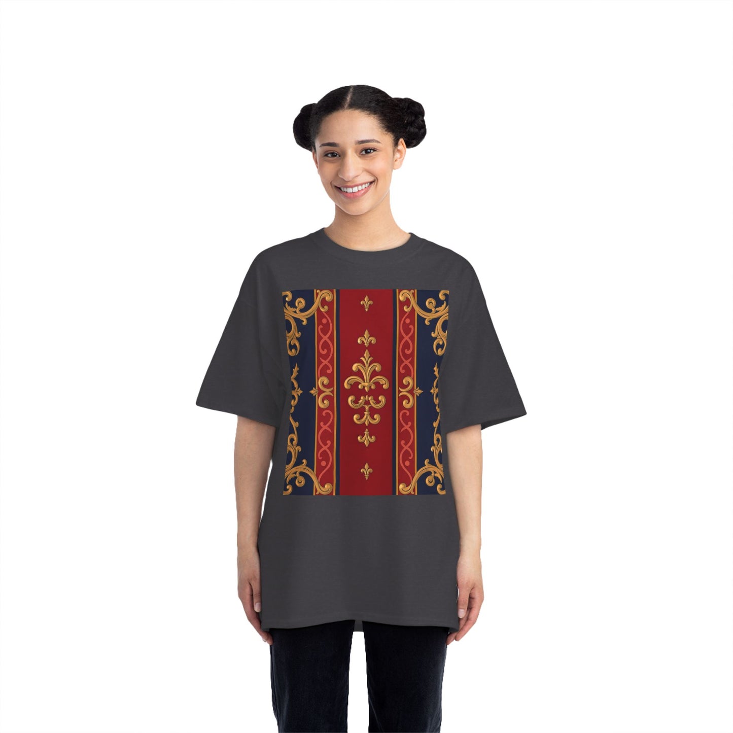 Elegant Baroque T-Shirt for Fashion Lovers, Casual Wear, Gift for Her, Unique Tee for Art Enthusiasts - Midnight Blue & Dusk Red Gold Baroque