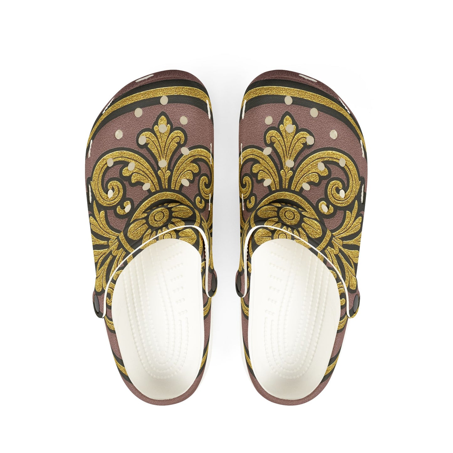 Gilded Mauve With Gold-Black Baroque Stylish EVA Foam Rubber Clogs, Comfortable Slip-On Shoes, Trendy Summer Clogs