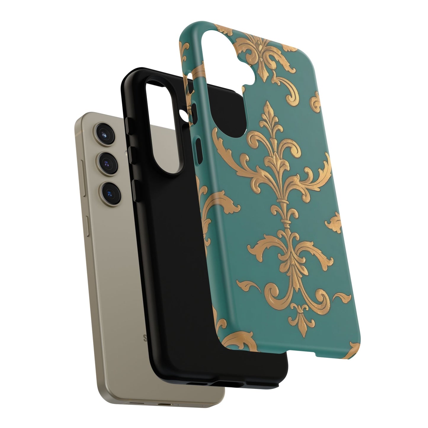 Elegant Floral Motif Phone Case - Tough Cases with Vintage Design - Aqua & Gold Damask