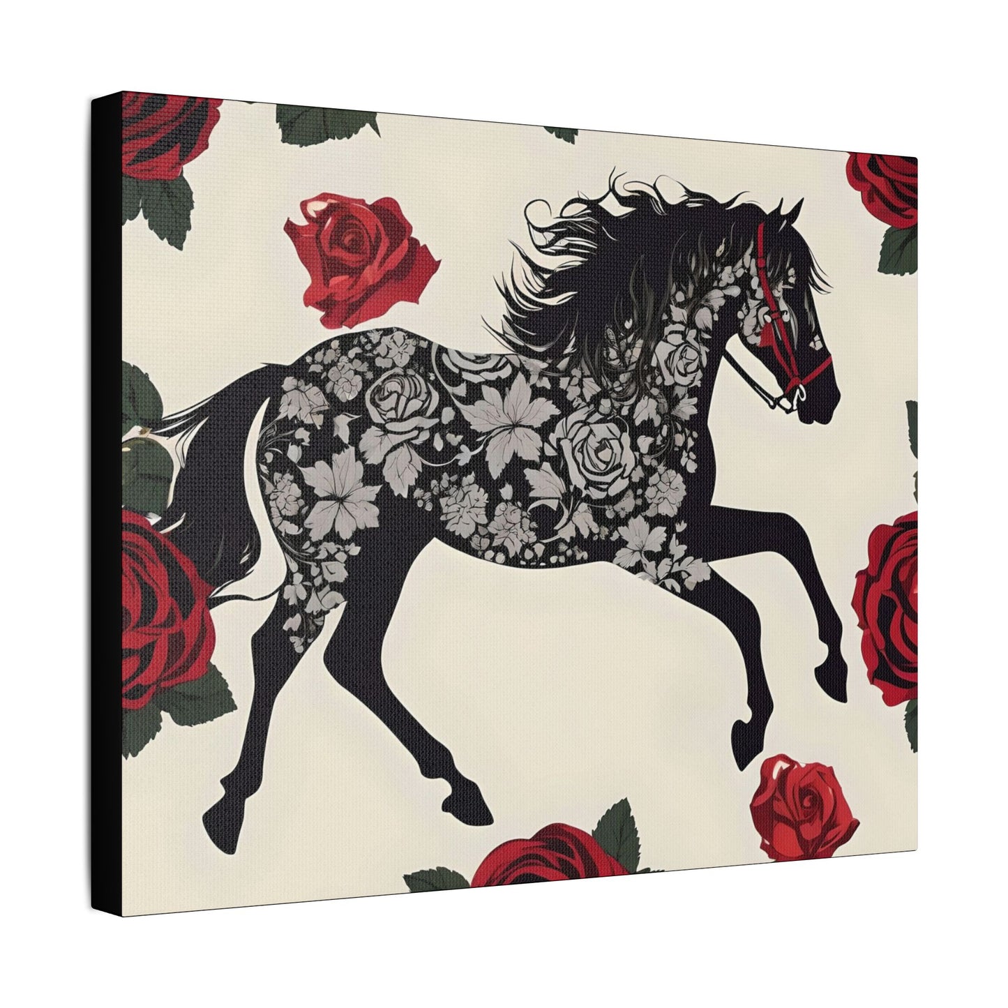 Art Print Canvas, Wall Decor, Satin Stretched Canvas, Equestrian Art, Office Decor, Home Decor - Horse & Roses