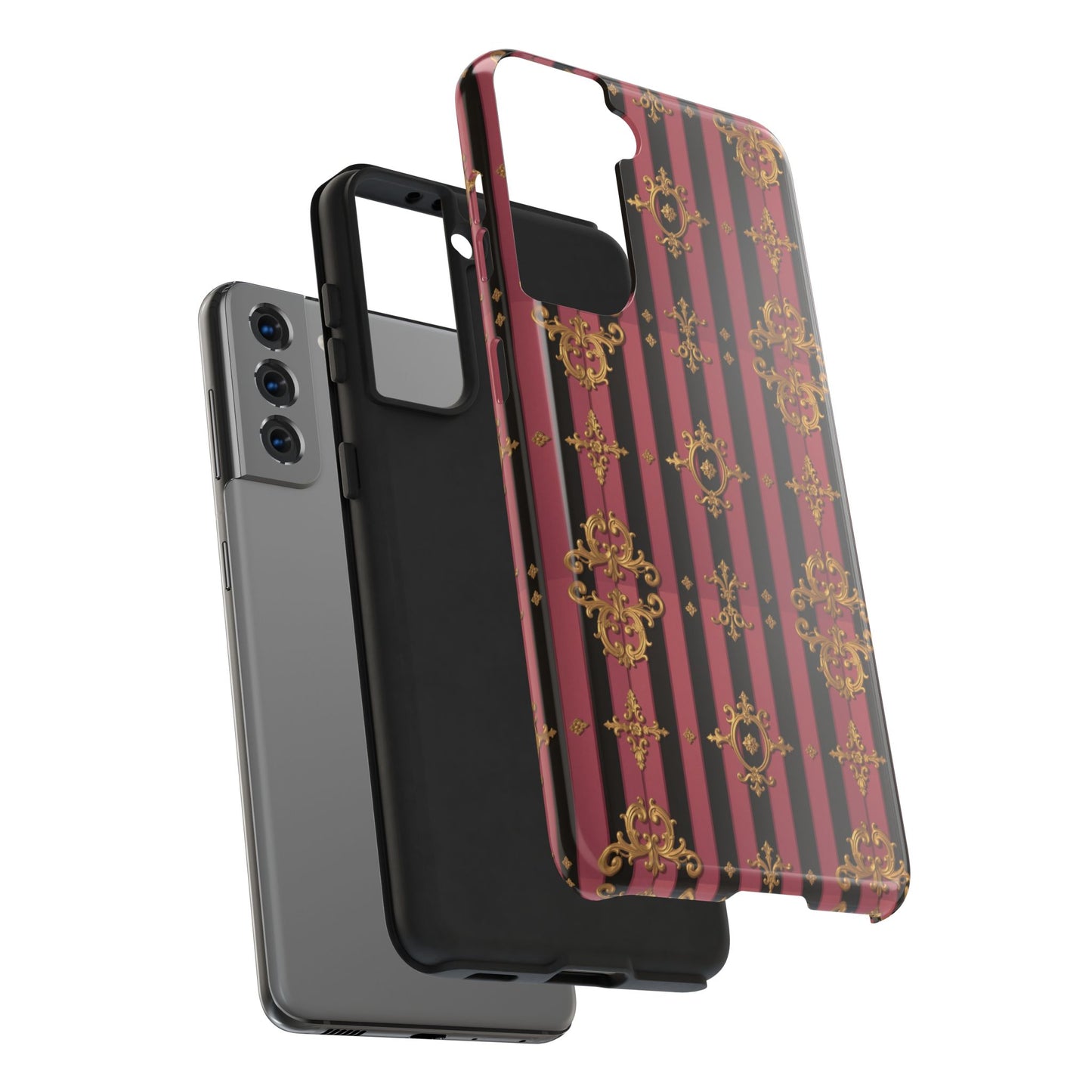 Elegant Black & Mauve Striped Gold Baroque Phone Case, Tough Phone Cases, Stylish Protective Cover, Unique Gift, Luxe Phone Accessories