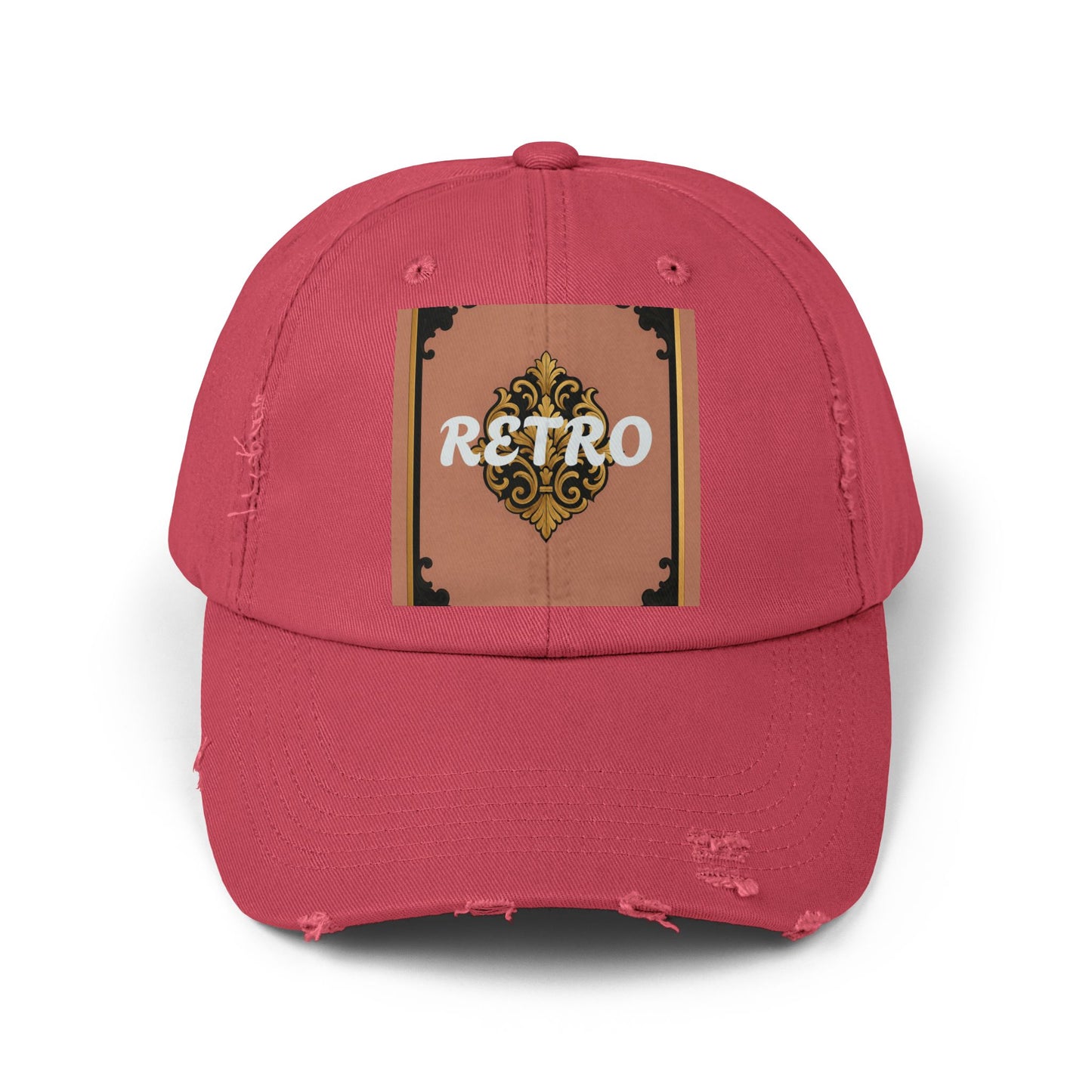 Retro Mauve & Black-Gold Baroque Distressed Cap — Vintage Ornamental Logo Dad Hat