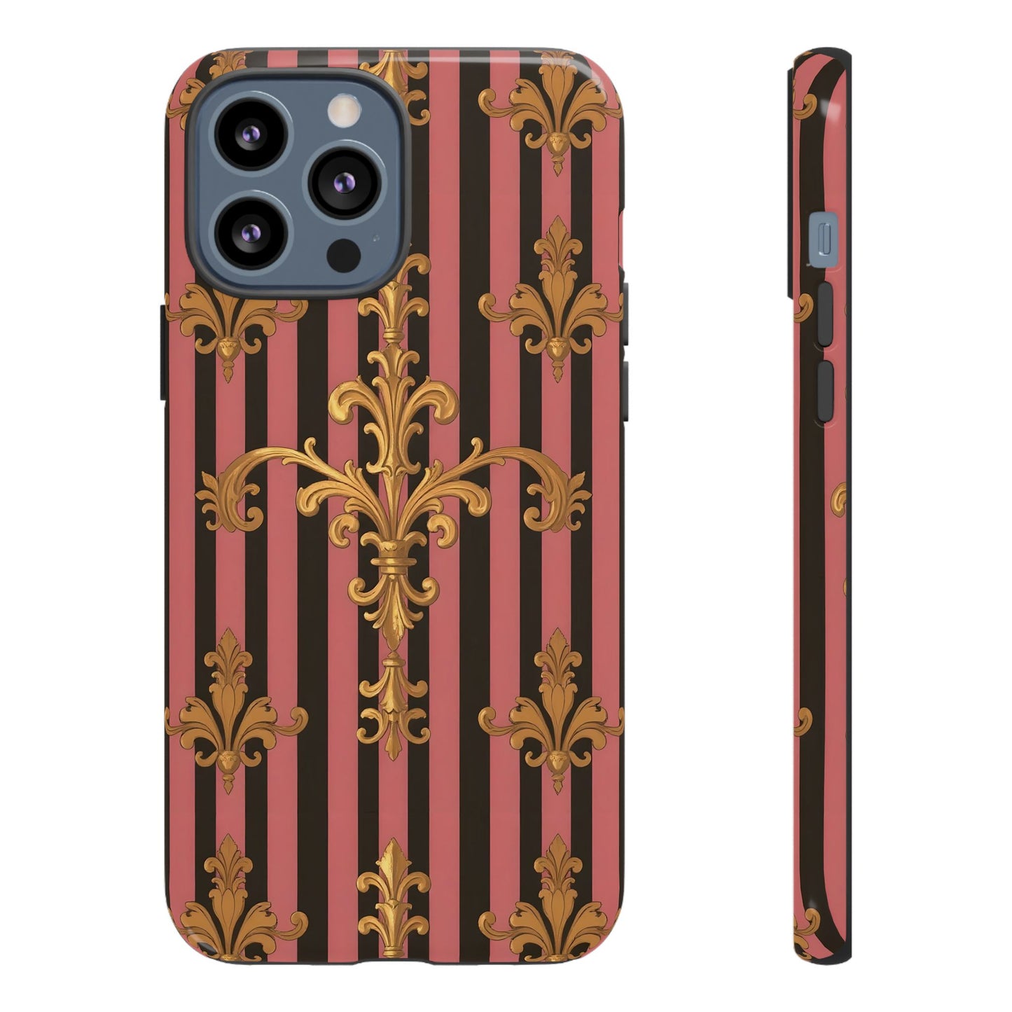 Elegant Floral Motif Phone Case - Tough Cases with Vintage Design - Mauve Striped Gold Damask