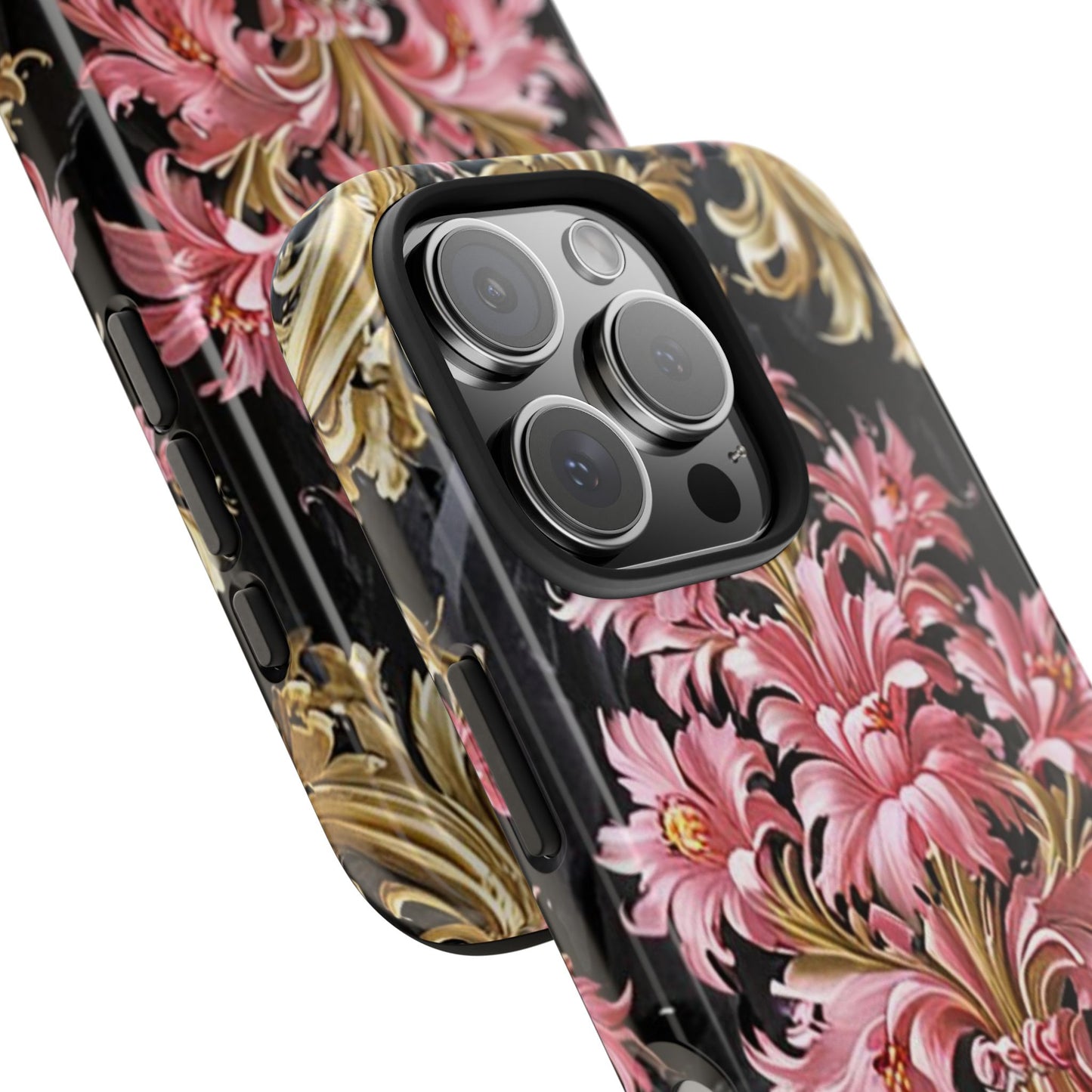 Elegant Floral Tough Phone Cases | Stylish Protection for Her | Gift for Birthdays - Black & Pink Oil Painting Style Rococo