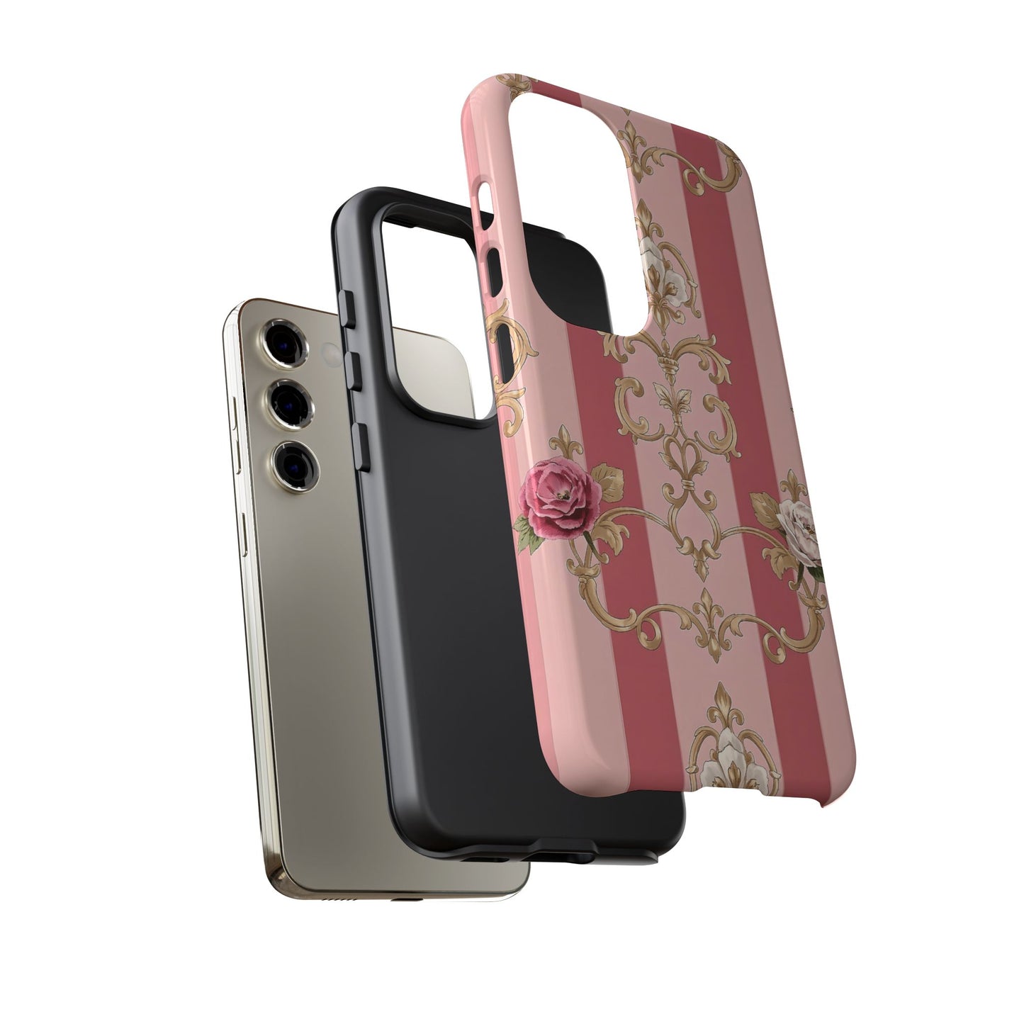 Elegant Floral Motif Phone Case - Tough Cases with Vintage Design - Pink Striped Roses & Damask
